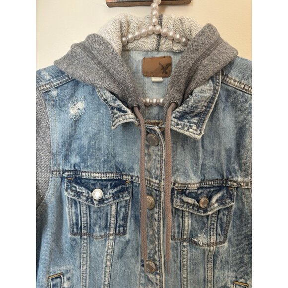 American Eagle Outfitters Size L Hooded Denim Jean Jacket Grey Sweatshirt Sleeve - Picture 2 of 7